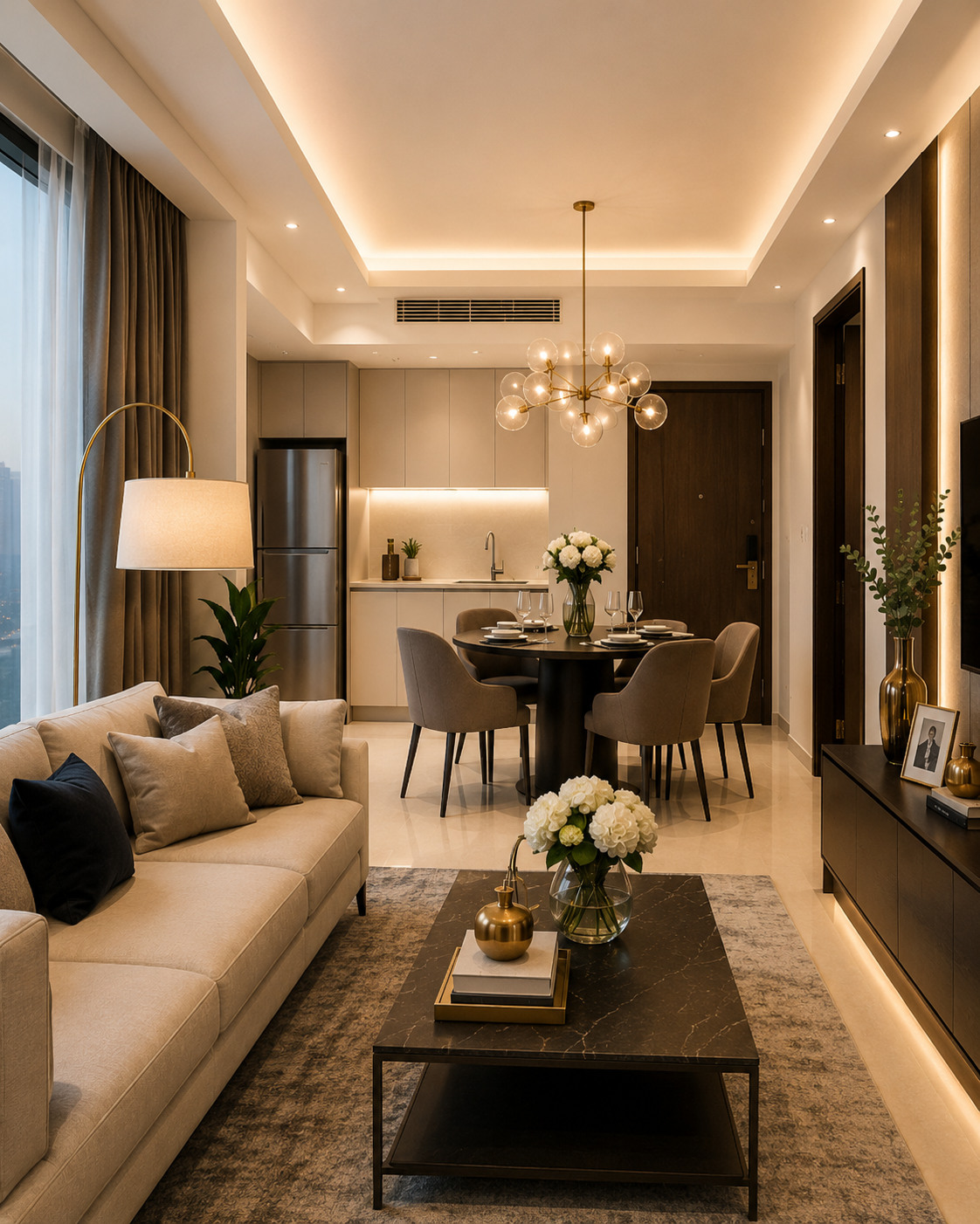 Furnished living and dining area prepared for rental